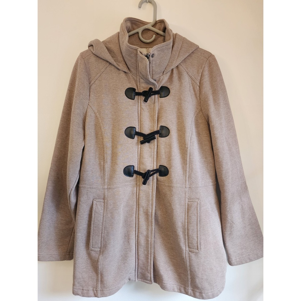 Sebby Hooded Pea Coat Jacket Heather Taupe Fleece Zipper Toggle Buttons XL